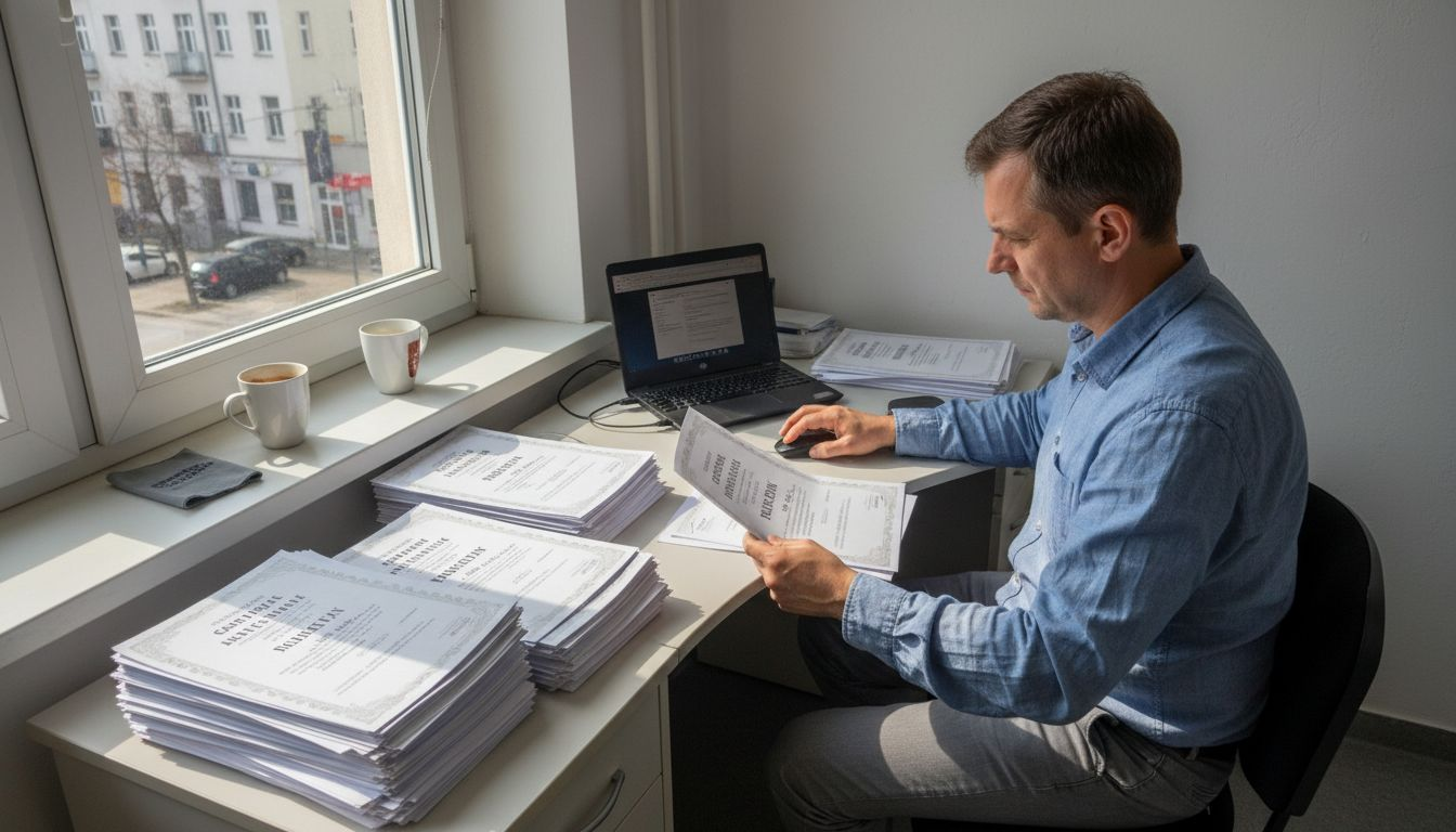 Specjalista ds. suplementów dokładnie przegląda certyfikaty produktów, siedząc przy swoim biurku.