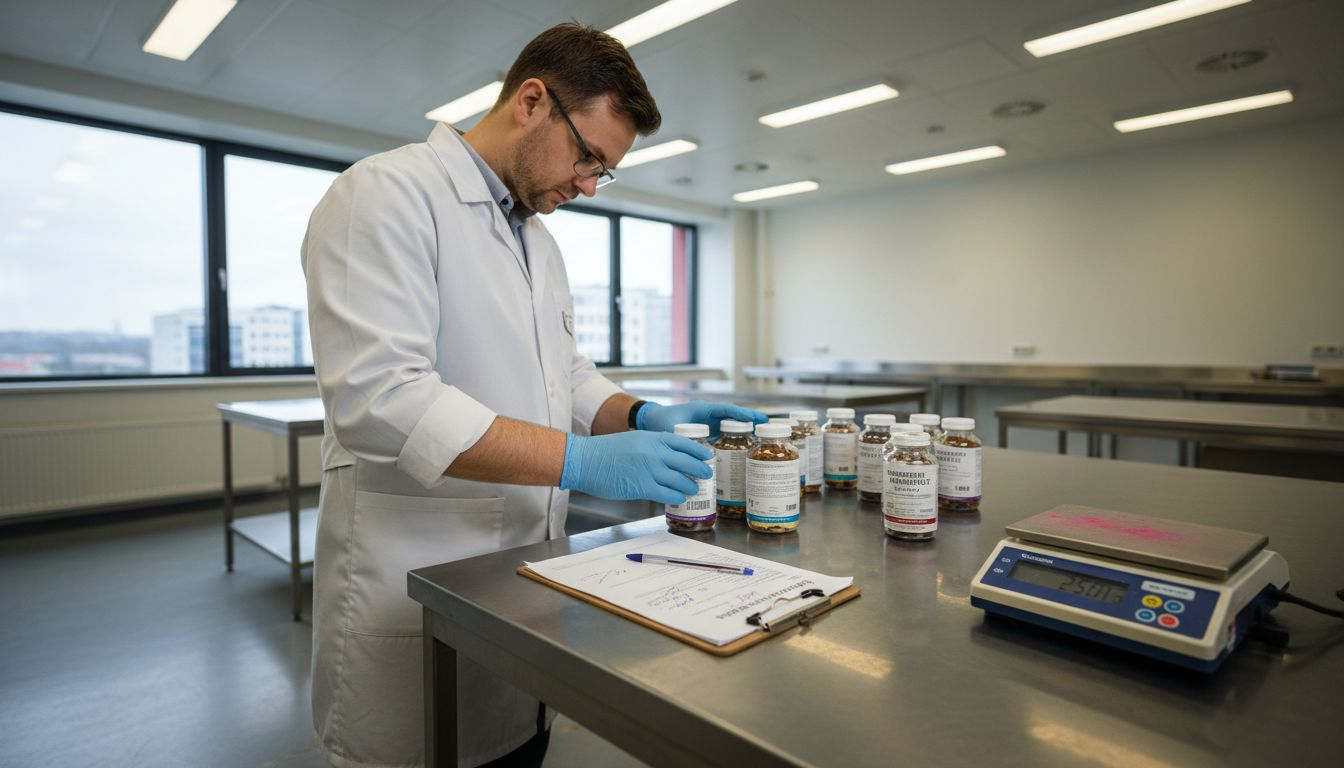 Inspektor sprawdza opakowania suplementów w laboratorium, upewniając się, że spełniają wszystkie wymagania jakościowe.