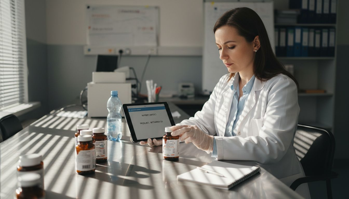 Specjalista ds. kontroli jakości sprawdza butelki z suplementami diety